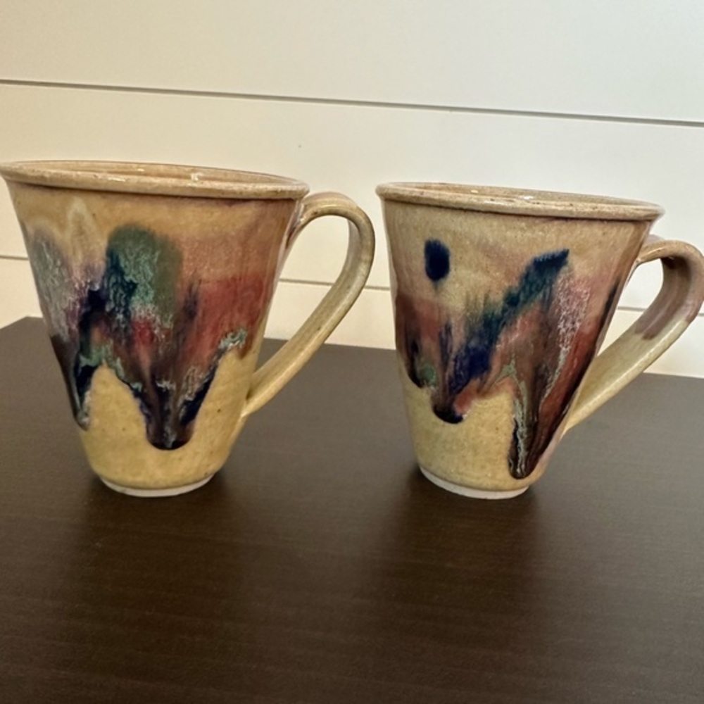 Signed Studio Pottery Mug Set Drip Glaze Stoneware Coffee Cups Artisan Pair
